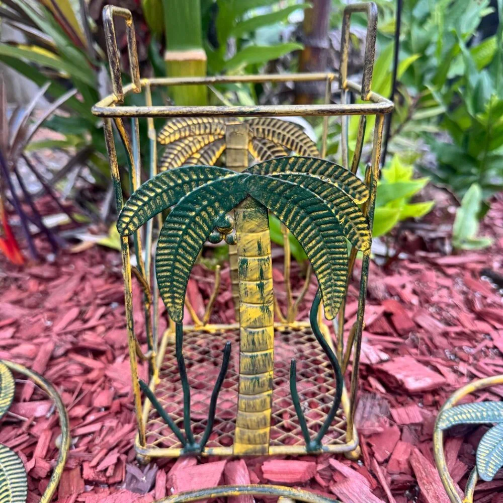 Vintage Palm Tree Metal Wall Art & Holder Set NWOT Tropical Coastal Decor